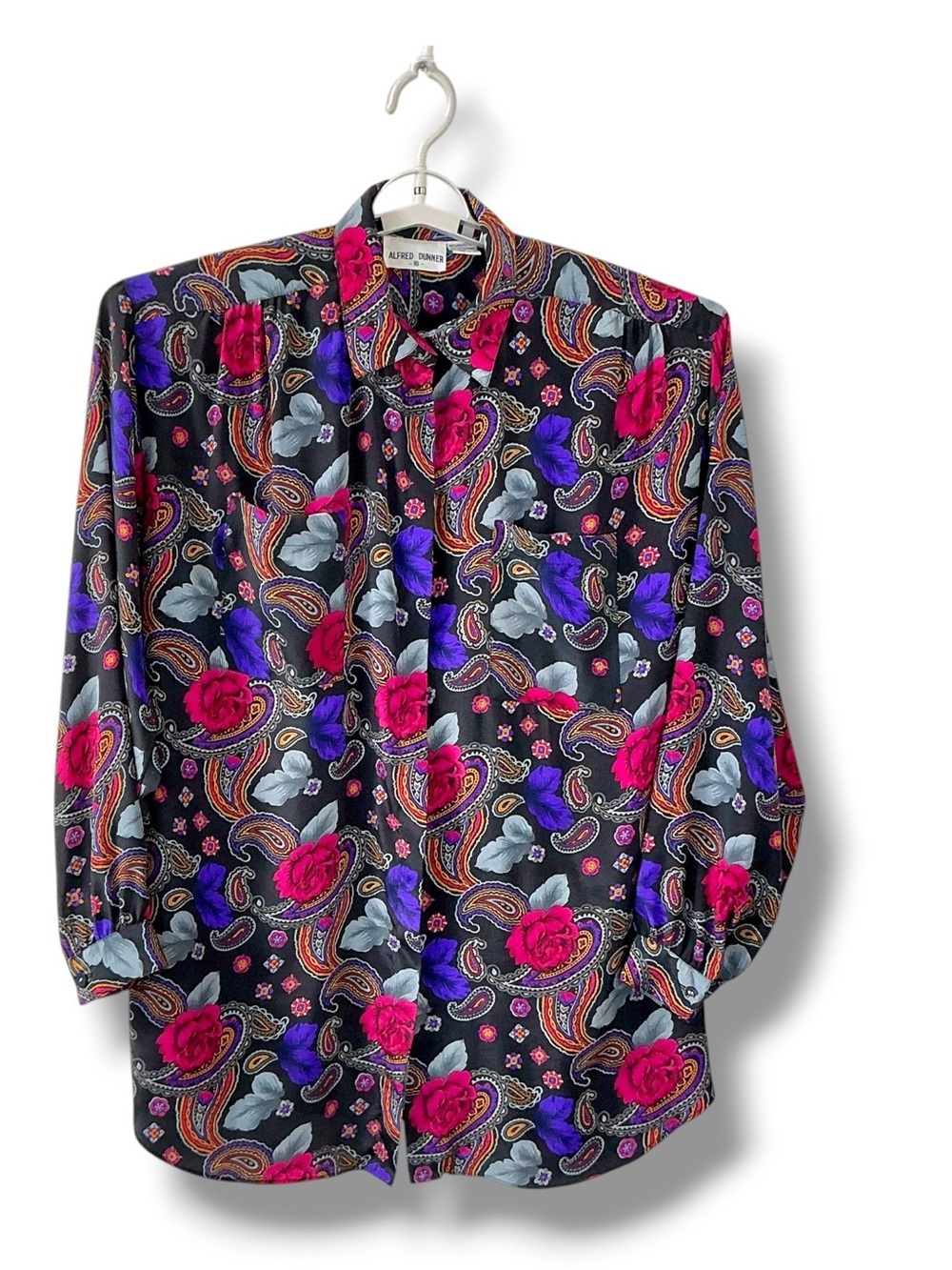Alfred Dunner Silky Blouse Paisley Concealed Button Up Long Sleeve Black Plus 16